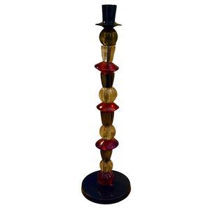 15" Candle Holder w/ Glass Beads Amber/Green/Beige